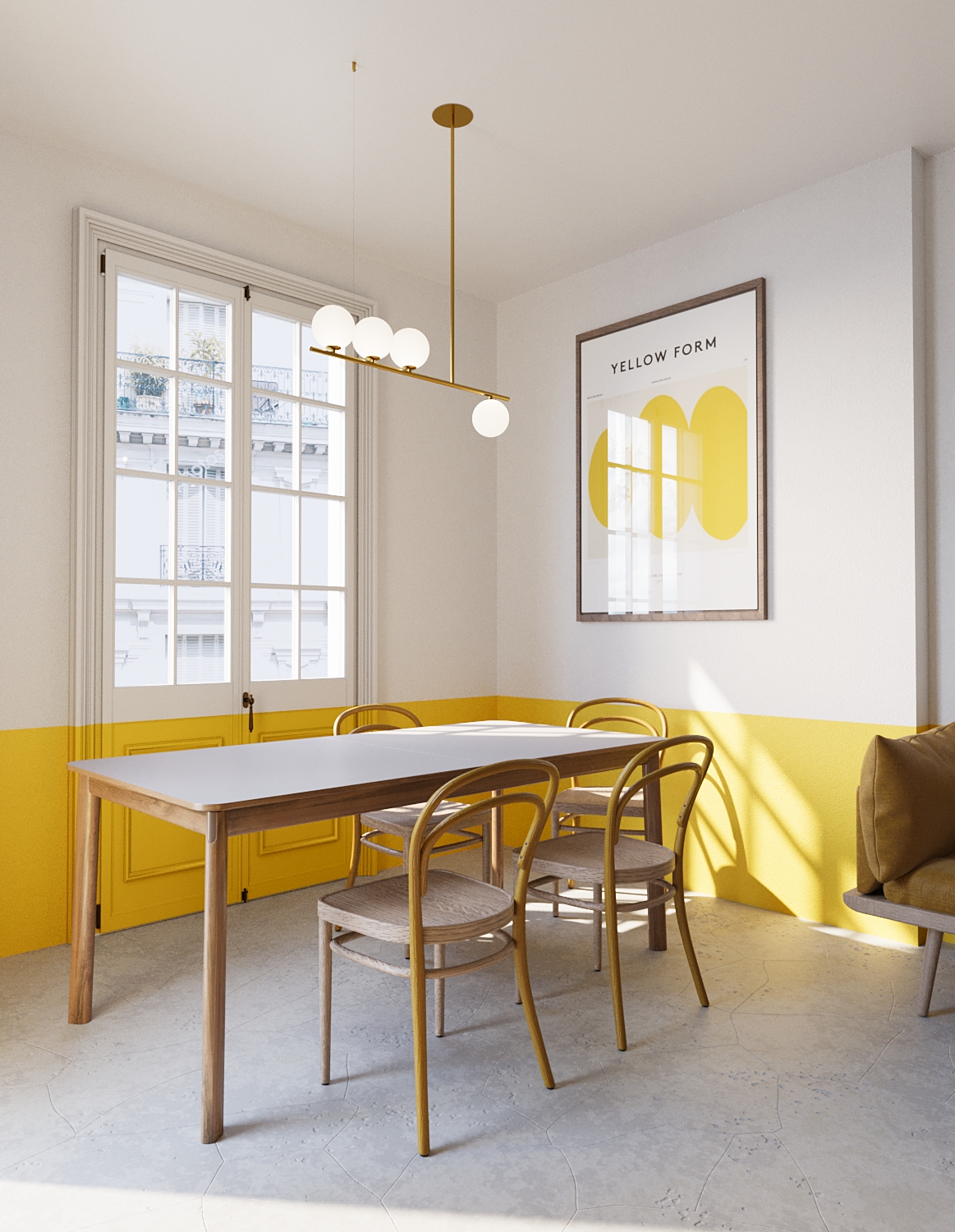 Living room with white and yellow walls, an elegant light-brown sofa and a plant